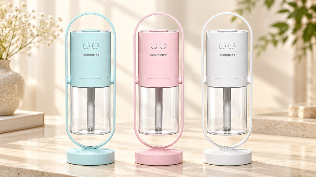 Mini USB humidifier in light blue, pink and white
