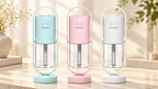 Mini USB humidifier in light blue, pink and white