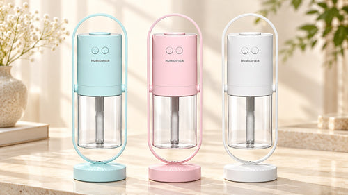 Mini USB humidifier in light blue, pink and white
