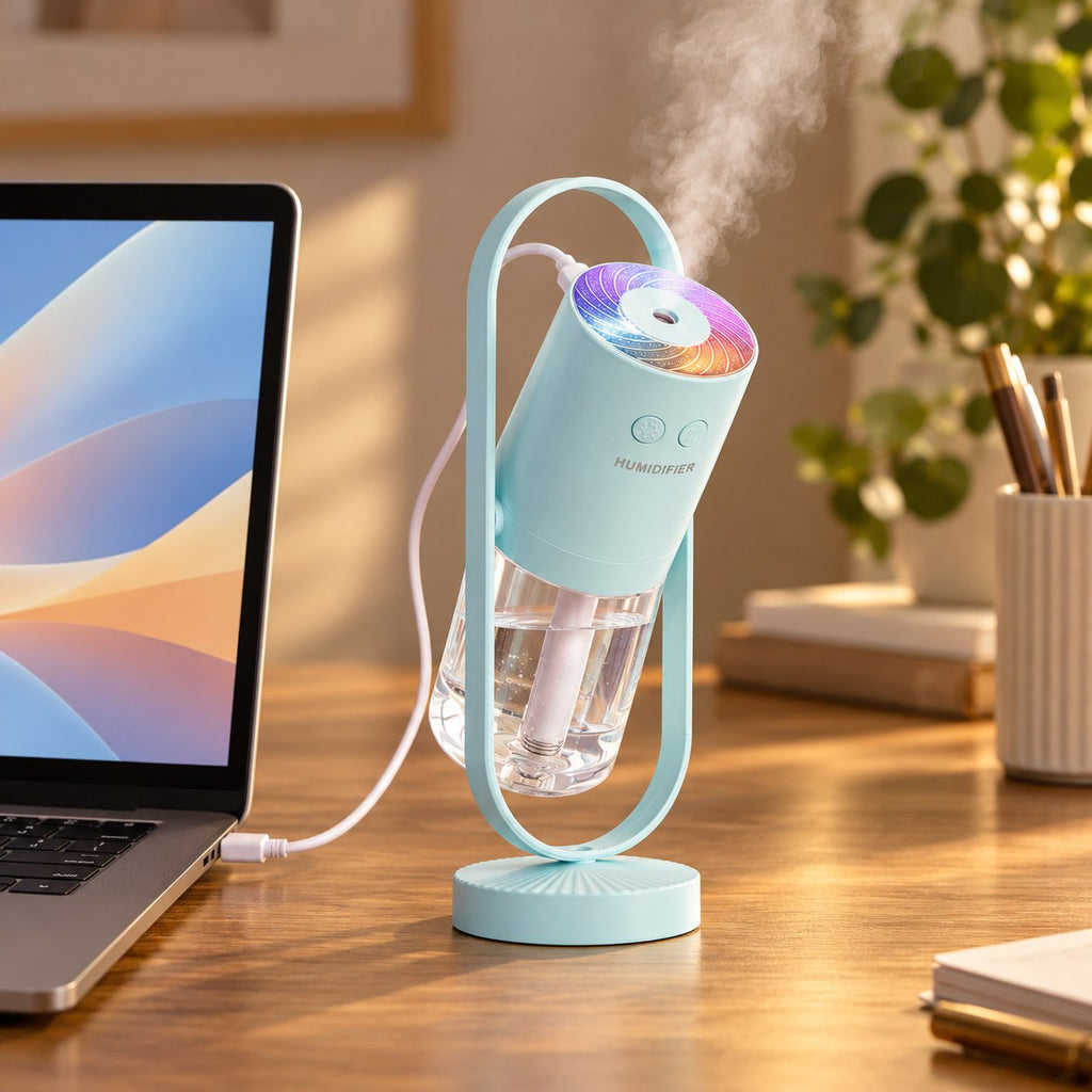 Light blue mini USB humidifier with its light on, powered by USB from a laptop