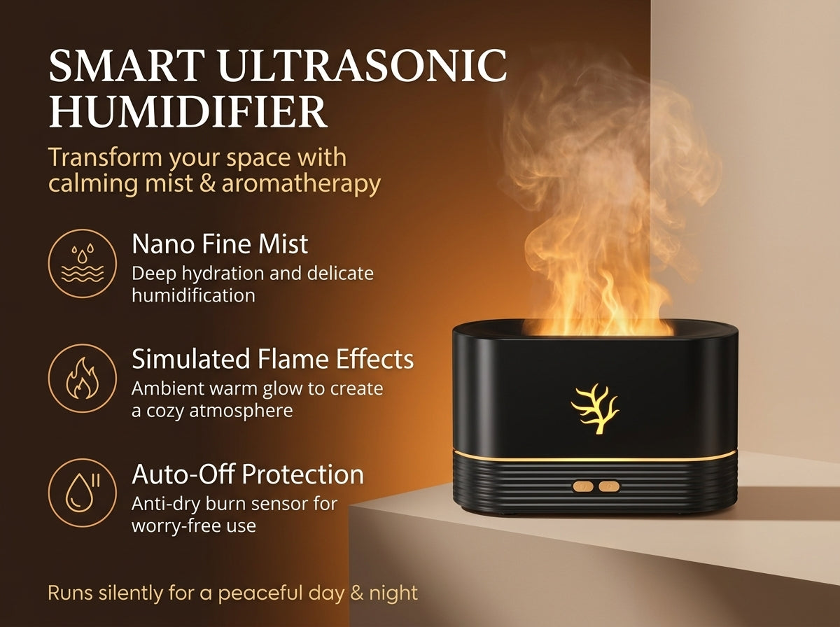 Flame effect aroma diffuser on a table