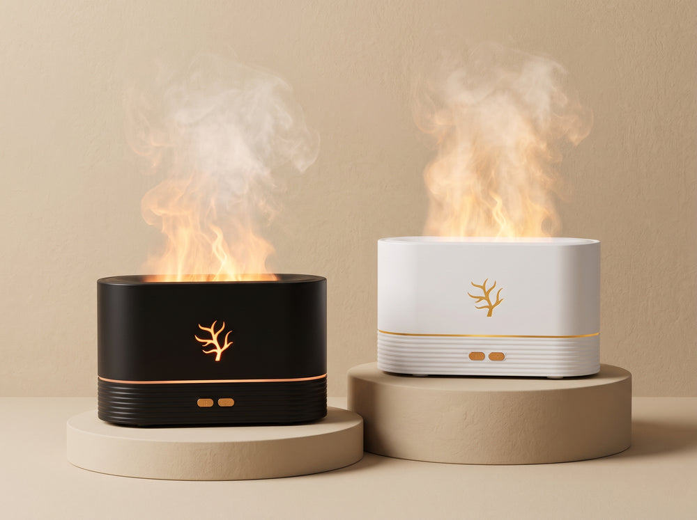 Flame effect aroma diffuser in a cozy room