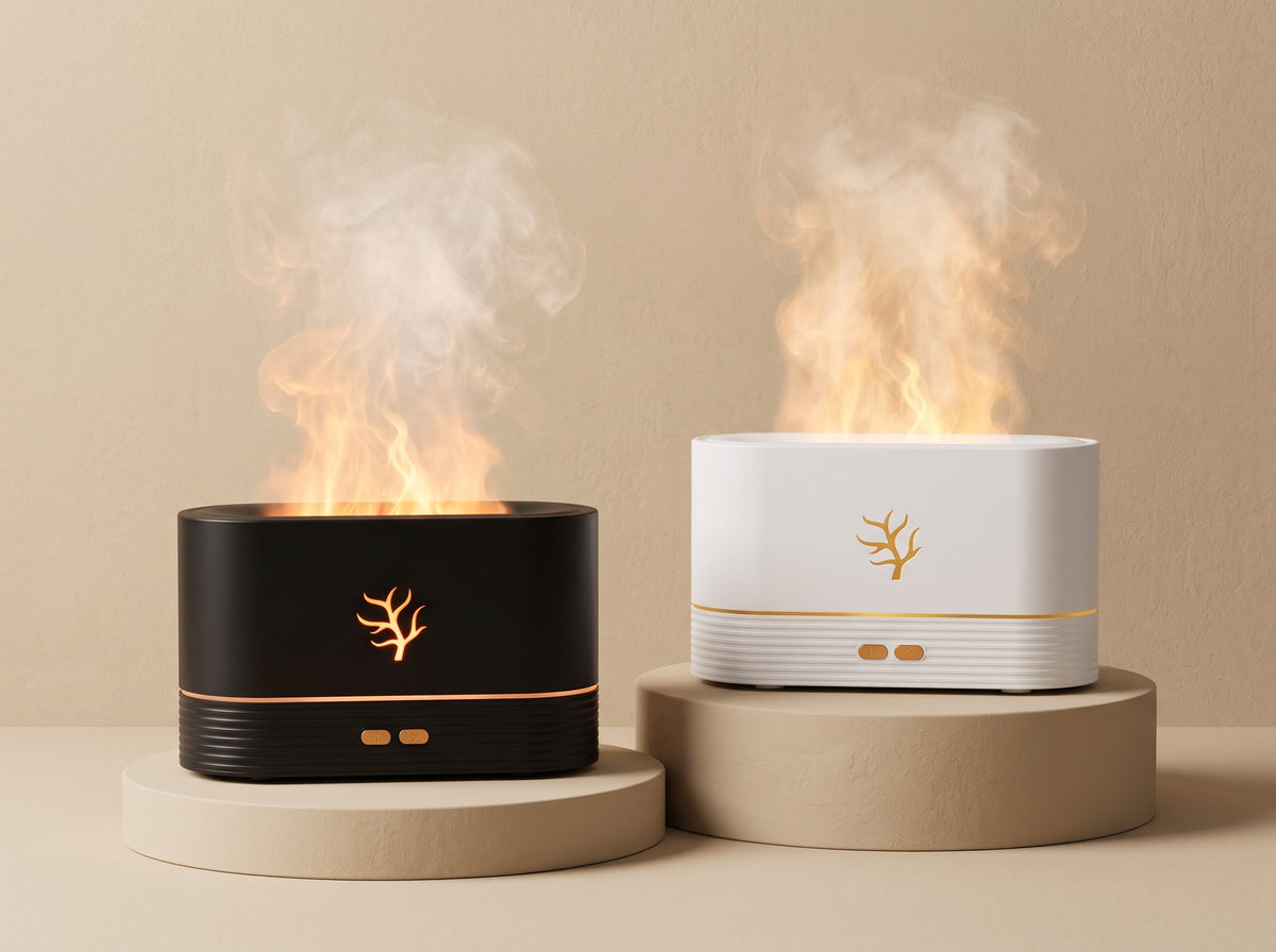 Flame effect aroma diffuser in a cozy room