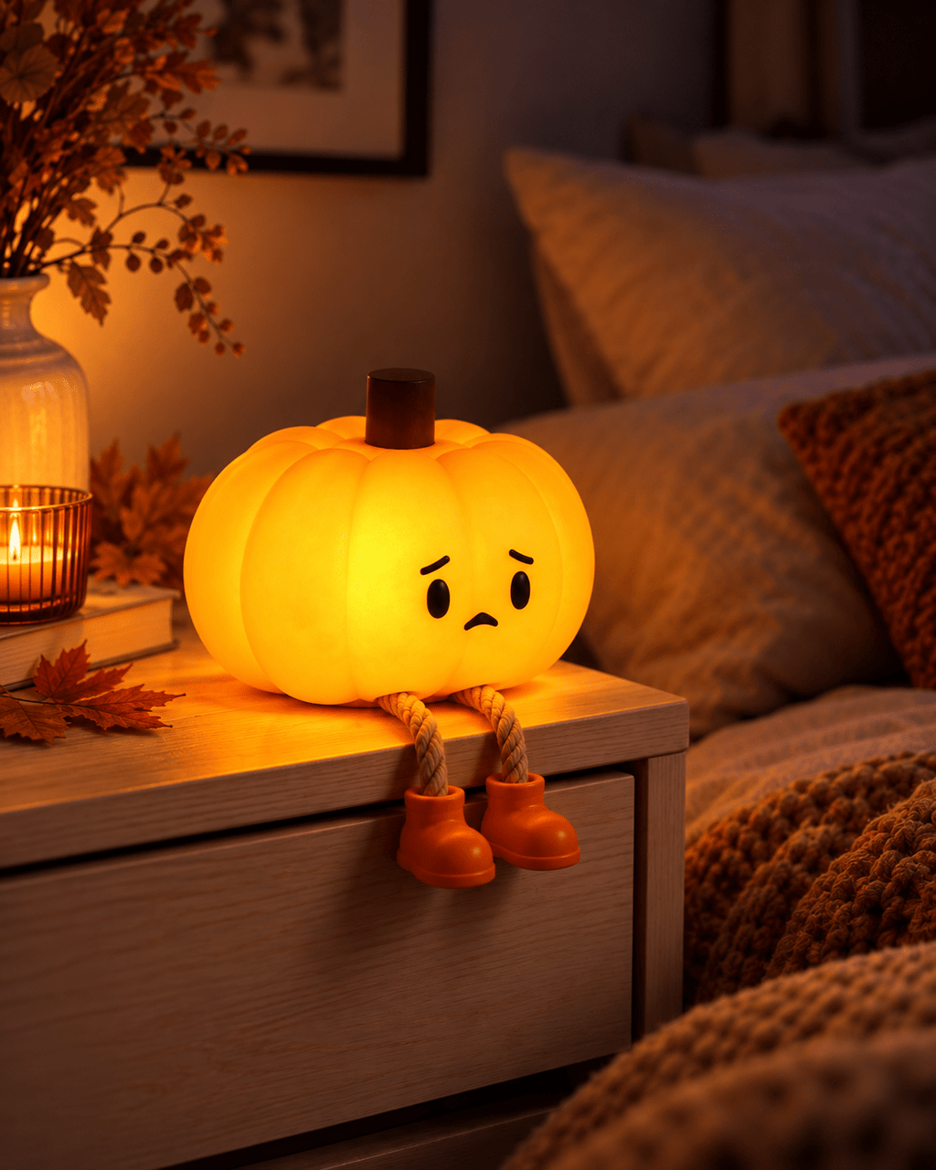 Glowing pumpkin night light with a worried little face on a bedside nightstand, rope legs and orange boots hanging over the edge