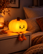 Glowing pumpkin night light with a worried little face on a bedside nightstand, rope legs and orange boots hanging over the edge