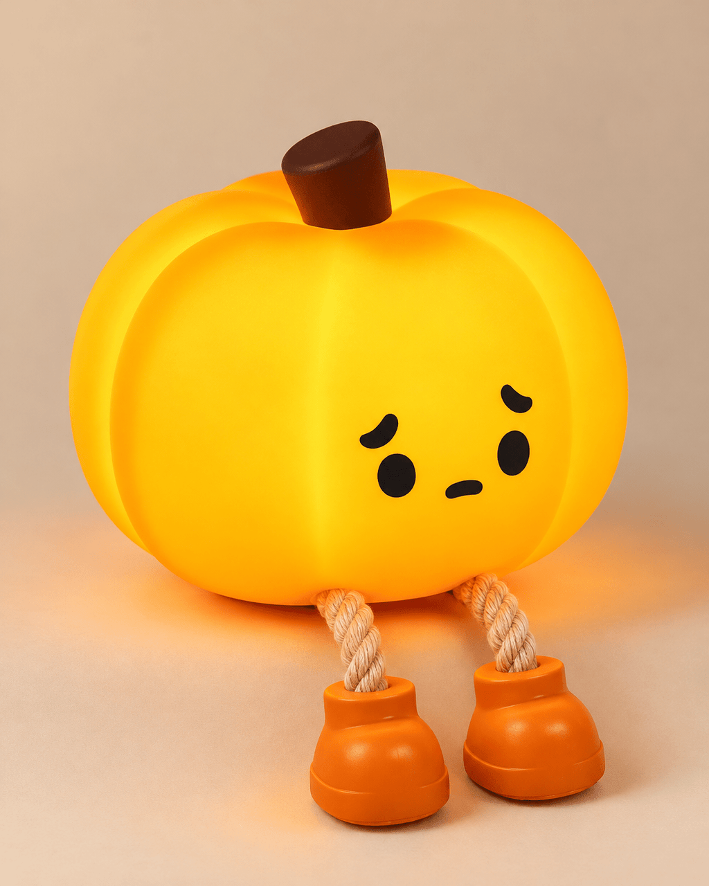 Glowing orange rechargeable pumpkin night light with a small face and rope legs